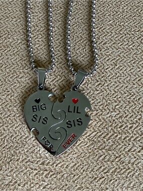 Big Sis / Lil Sis Split Heart Necklace - Silver Tone with Red Accents